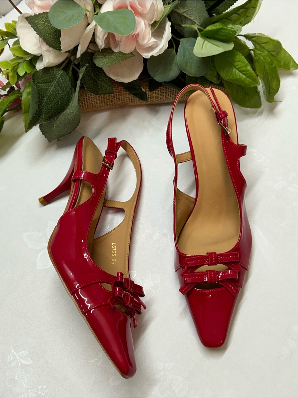 Red Patent Slingback Heels with Bow Detail